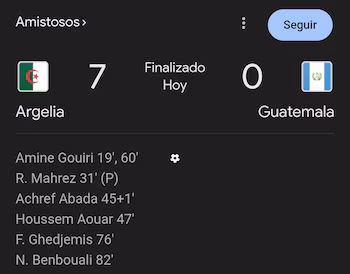 Marcador final del partido amistoso entre Argelia y Guatemala, que terminó 7-0 a favor del equipo africano, con goles de Gouiri, Mahrez, Abada, Aouar, Ghedjemis y Benbouali.